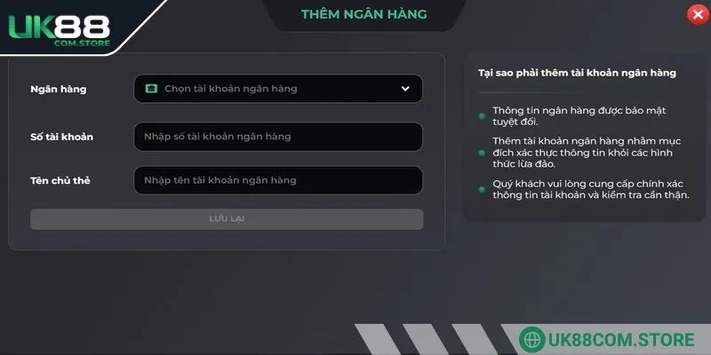 Cần liên kết tài khoản ngân hàng chính chủ để nạp tiền UK88