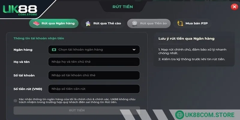 Cần liên kết tài khoản chính chủ để rút tiền UK88
